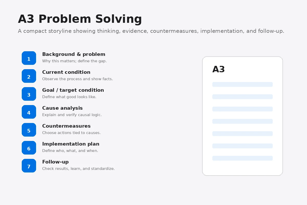 A3 problem-solving flow from background and current condition through follow-up