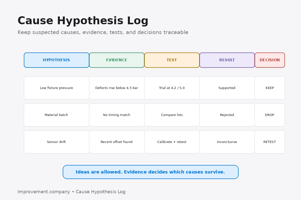 Cause Hypothesis Log diagram showing suspected causes tracked through evidence, verification tests, results, and keep, drop, or retest decisions.