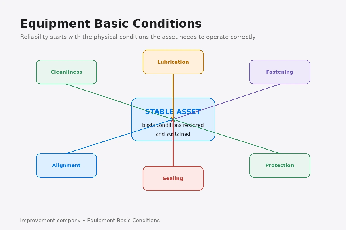 Equipment Basic Conditions diagram showing cleanliness, lubrication, fastening, alignment, sealing, and protection supporting stable asset operation.