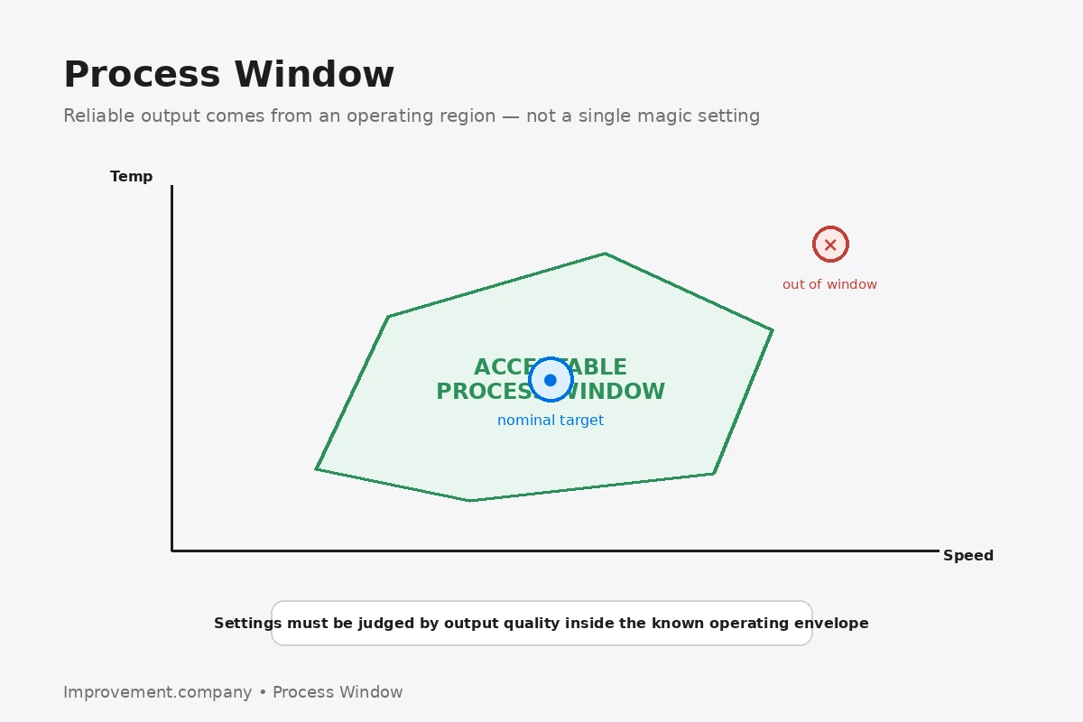 Process Window diagram showing an acceptable operating envelope across interacting process settings, a nominal target, and an out-of-window condition.