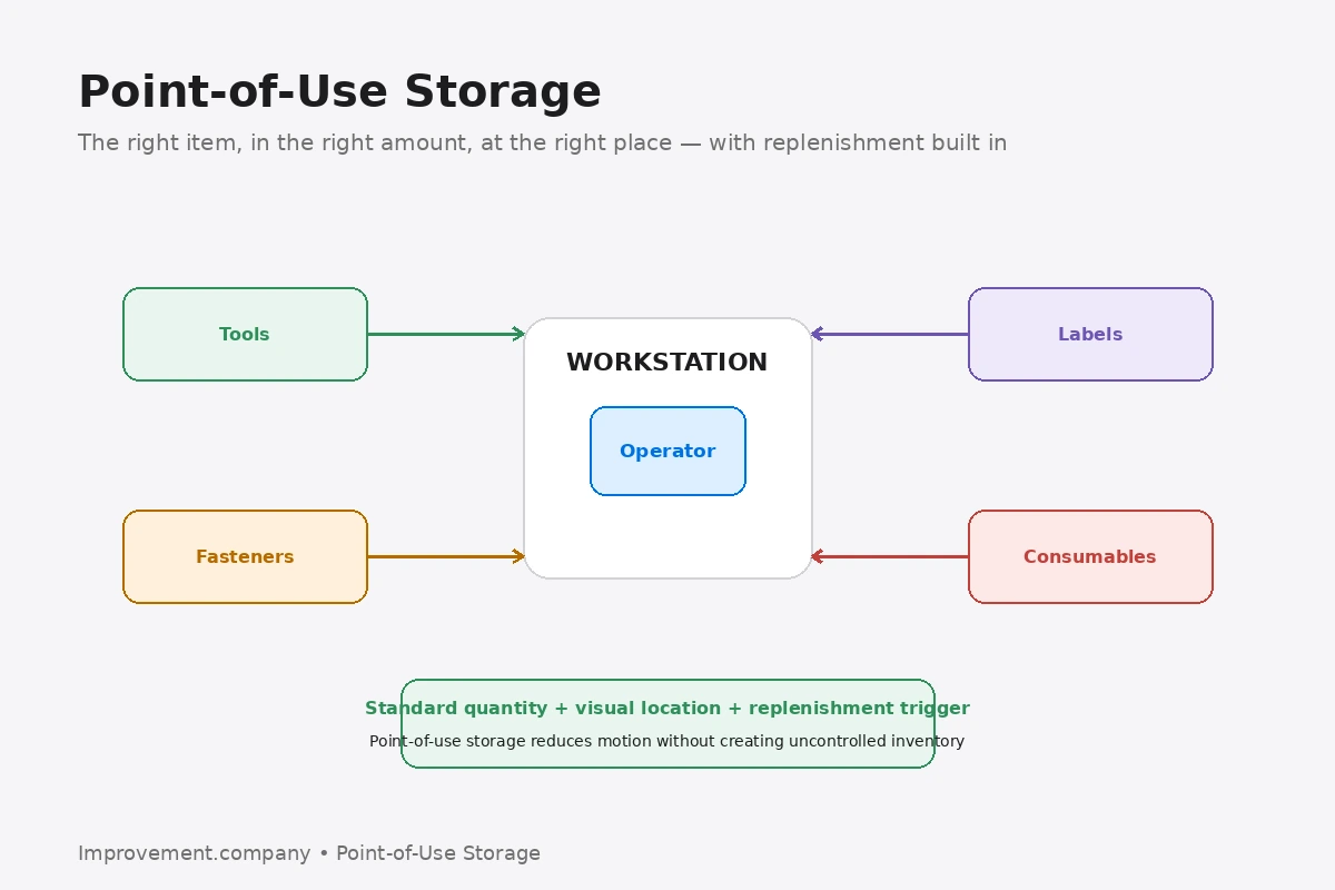 Point-of-Use Storage diagram showing frequently used tools, materials, labels, and consumables positioned around a workstation with standard quantity and replenishment.