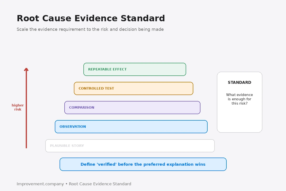 Root Cause Evidence Standard diagram showing increasing evidence strength from plausible explanation through observation, comparison, controlled testing, and repeatable effect as risk rises.