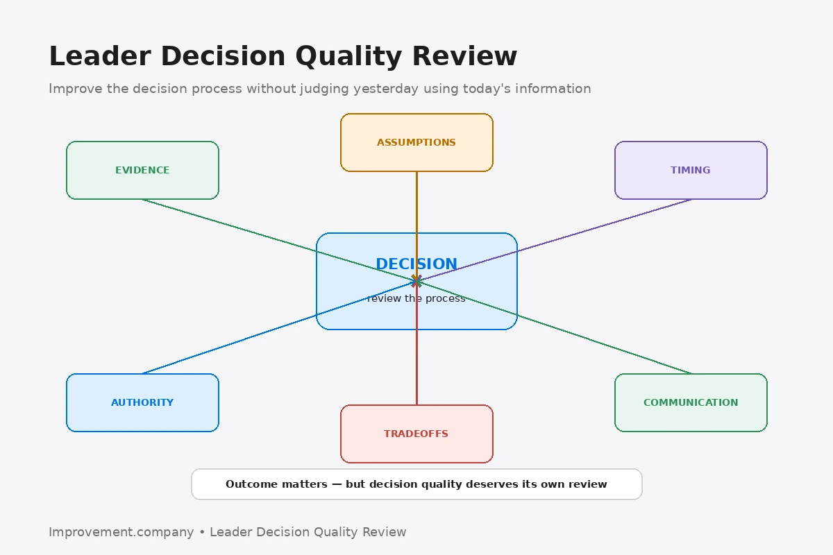 Leader Decision Quality Review diagram showing evidence, assumptions, timing, authority, tradeoffs, and communication around a significant management decision.