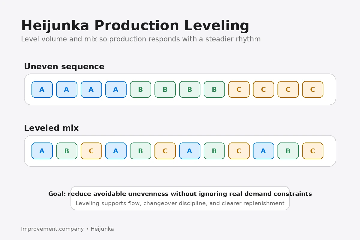 Heijunka production leveling diagram comparing uneven product batches with a leveled mixed sequence
