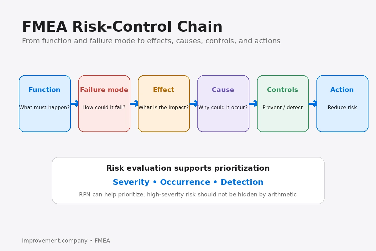 FMEA flow from function through failure mode, effect, cause, controls, and risk-reduction action.