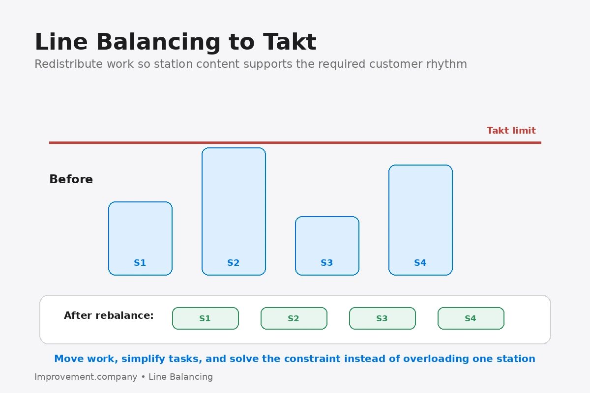 Line balancing diagram showing station work content against takt and a more even redistributed workload.