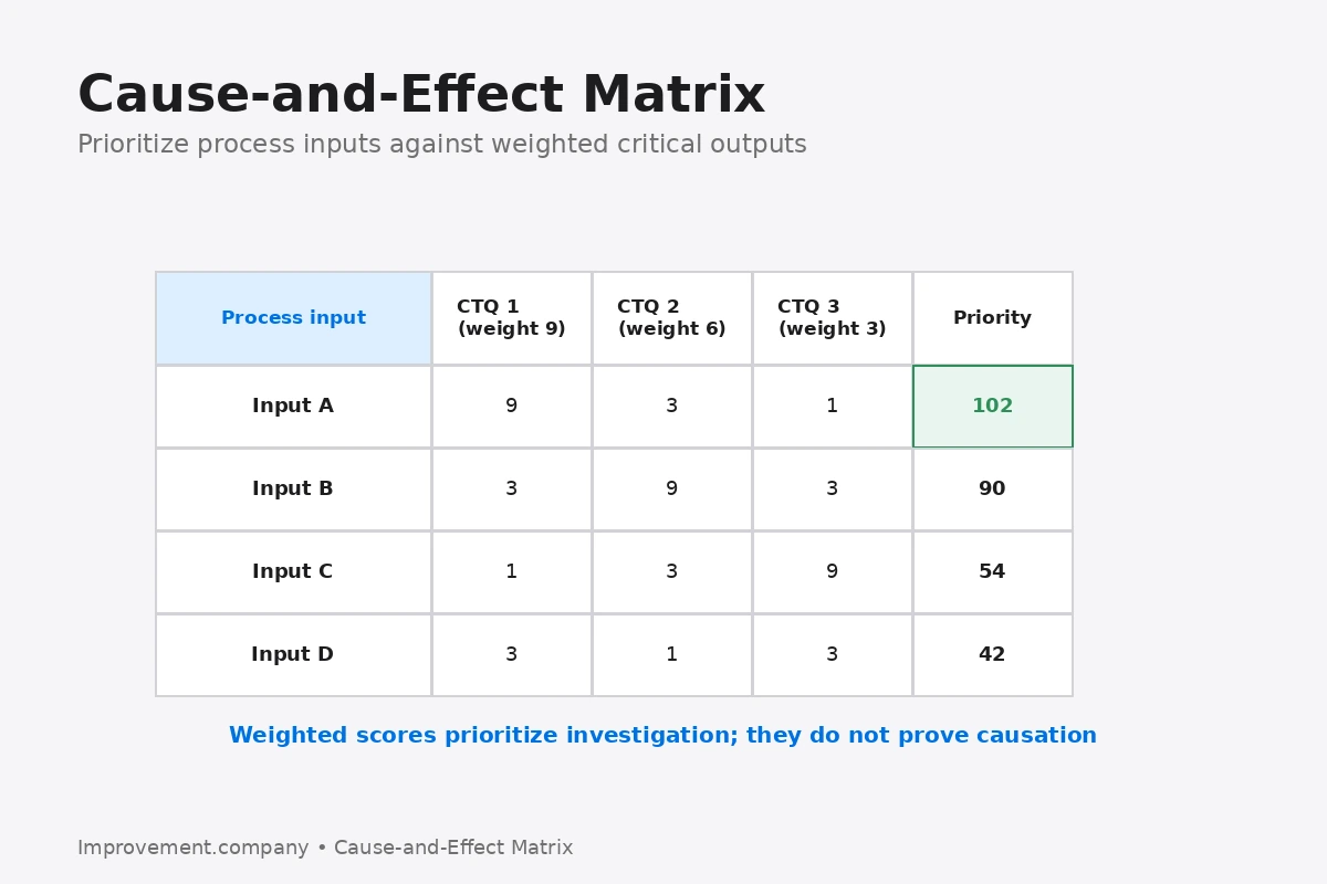 Cause-and-Effect Matrix diagram showing process inputs scored against weighted critical outputs to prioritize further investigation.
