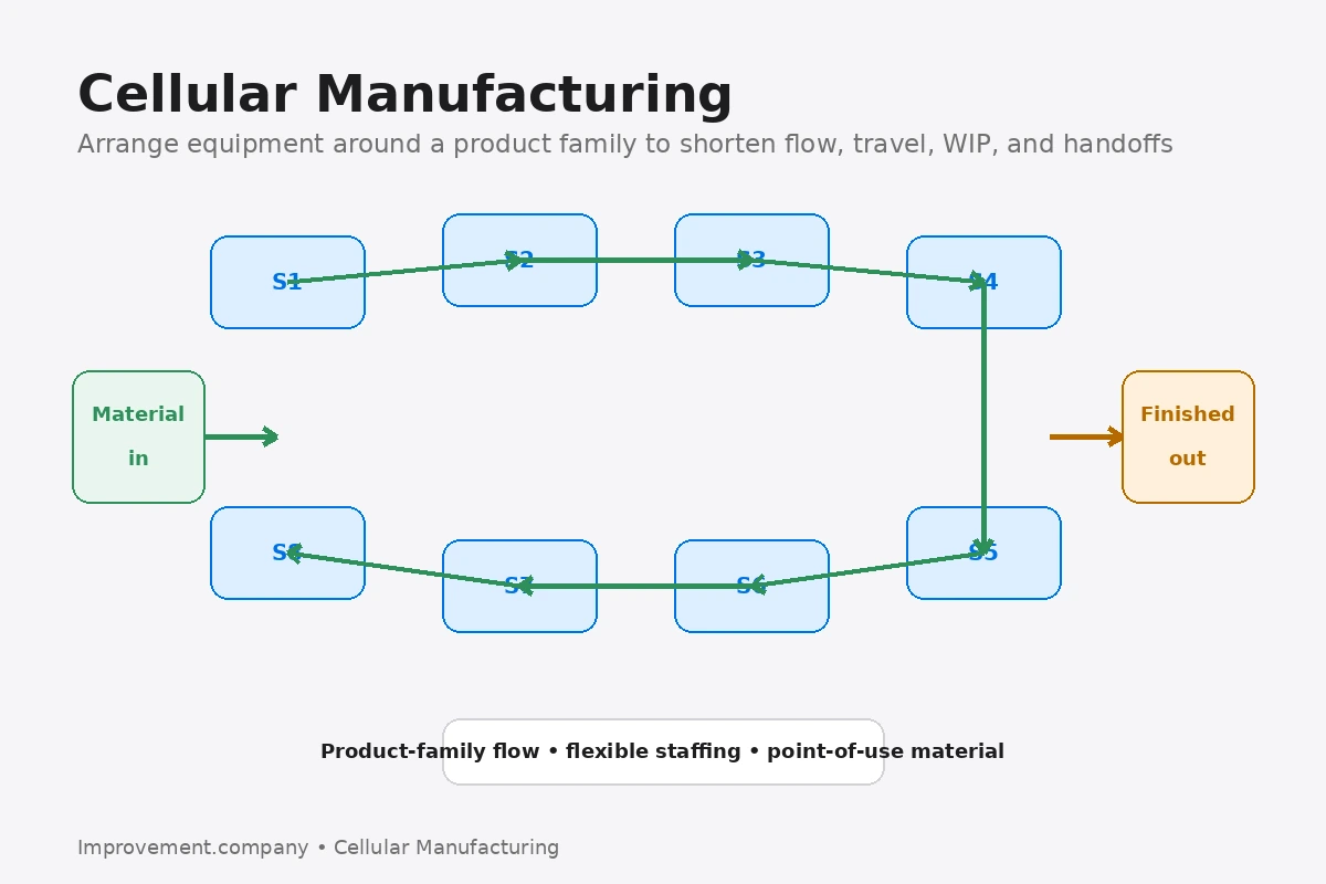 Cellular manufacturing diagram showing a product-family flow through a compact U-shaped cell with inbound material and finished output.