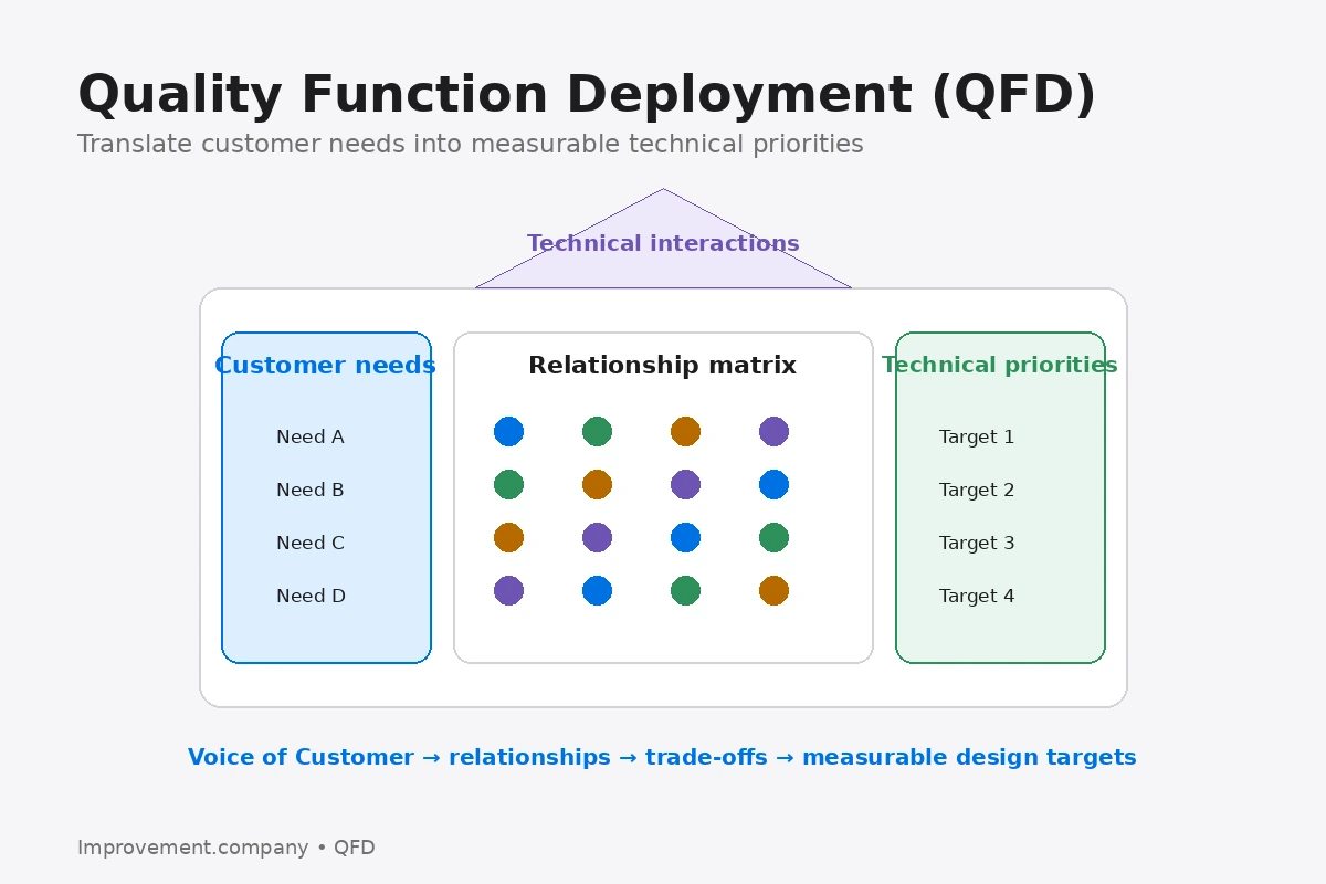 QFD House of Quality logic linking customer needs, relationship scores, technical interactions, and measurable technical priorities.