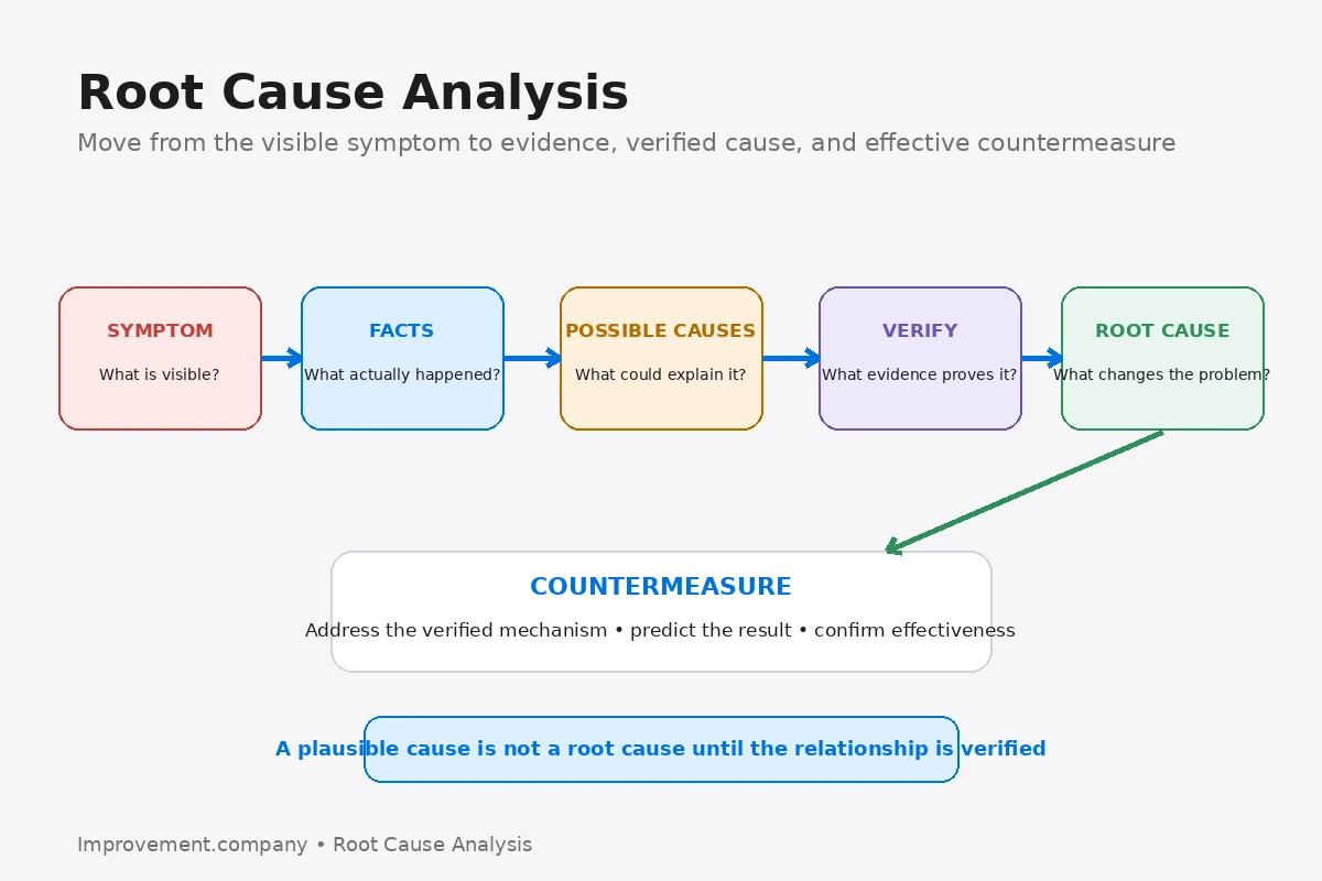 Root Cause Analysis flow showing symptom, facts, possible causes, verification, root cause, and countermeasure linked through evidence.