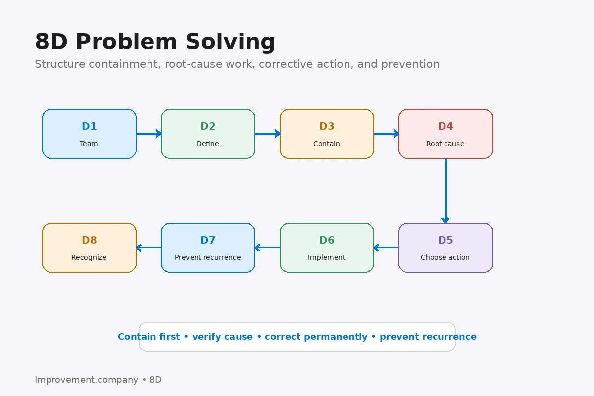 8D Problem Solving roadmap showing team formation, problem definition, containment, root cause, corrective action, implementation, prevention, and recognition.
