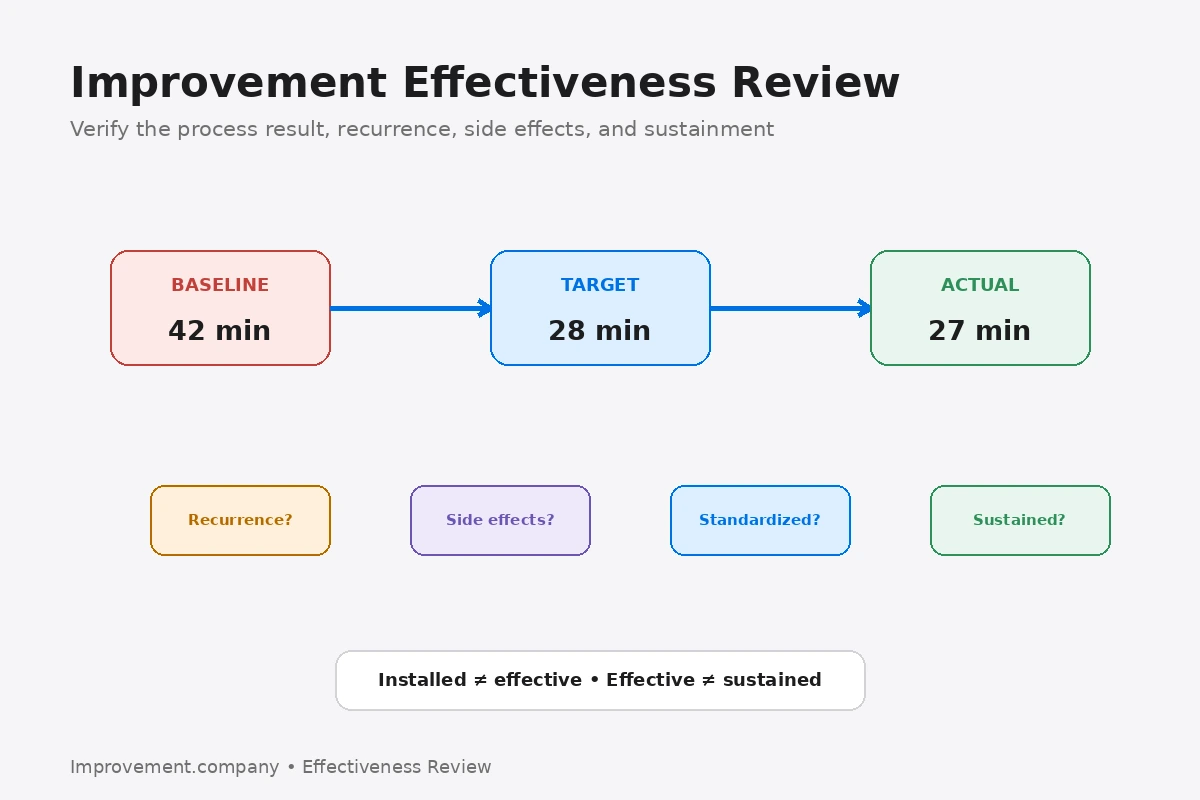 Improvement Effectiveness Review diagram comparing baseline, target, and actual performance and checking recurrence, side effects, standardization, and sustainment.