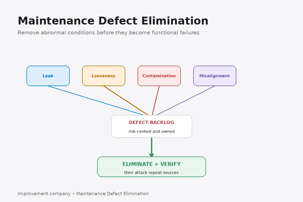 Maintenance Defect Elimination diagram showing common equipment defects entering a risk-ranked backlog and moving through elimination, verification, and recurrence prevention.